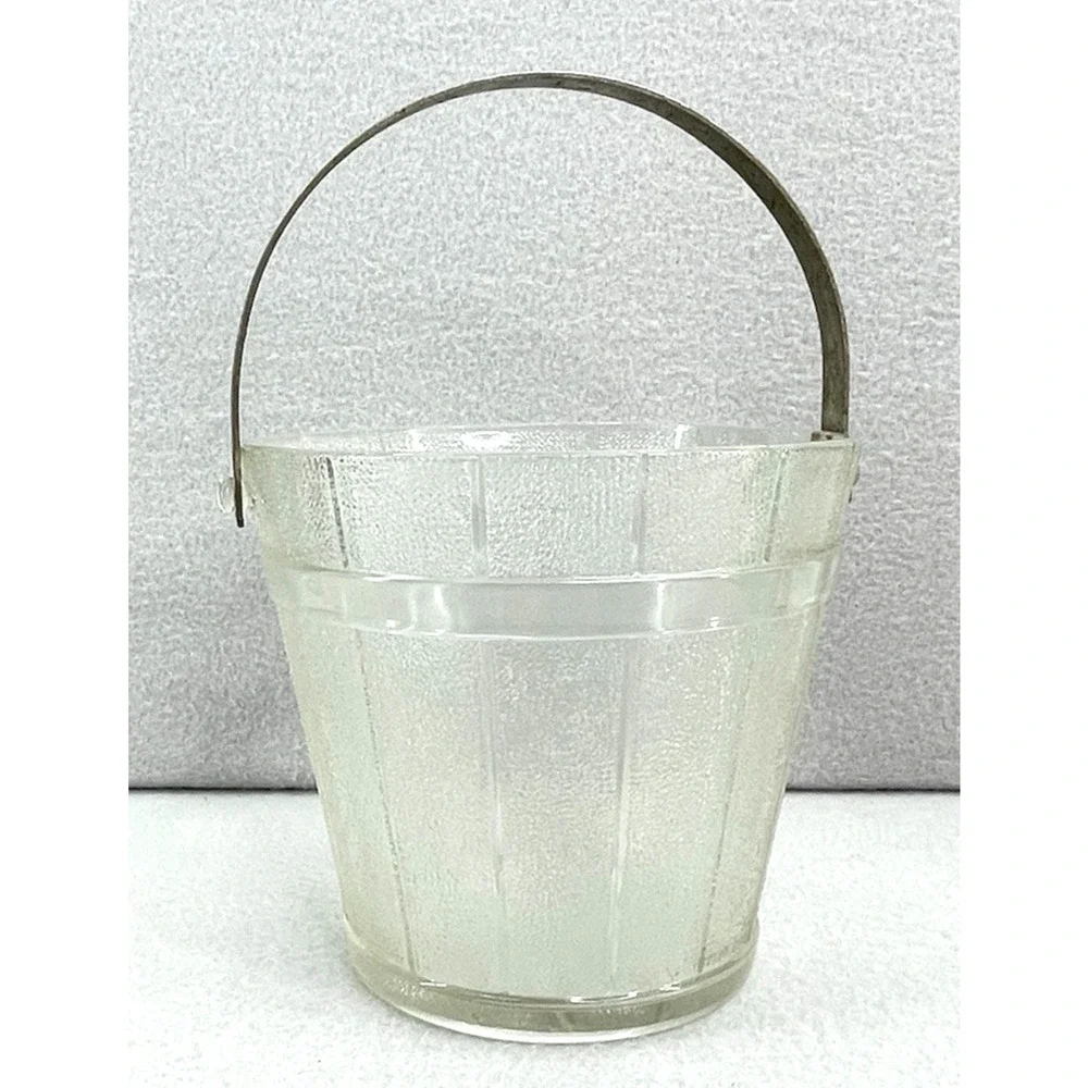 Vintage Anchor Hocking Clear Glass Ice Bucket Metal Handle Retro MCM Barware
